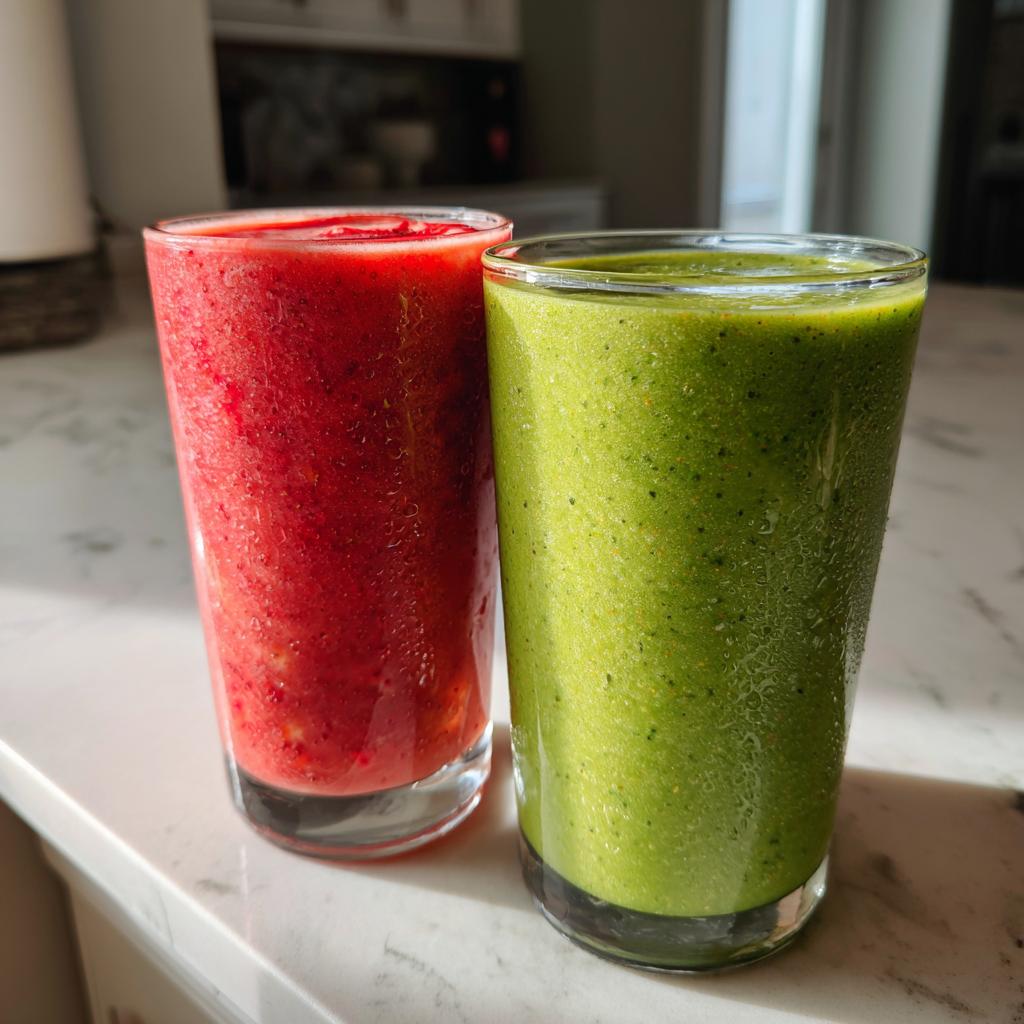 Dos batidos detox primavera 2025, uno rojo y otro verde, servidos en vasos sobre una mesa blanca.
