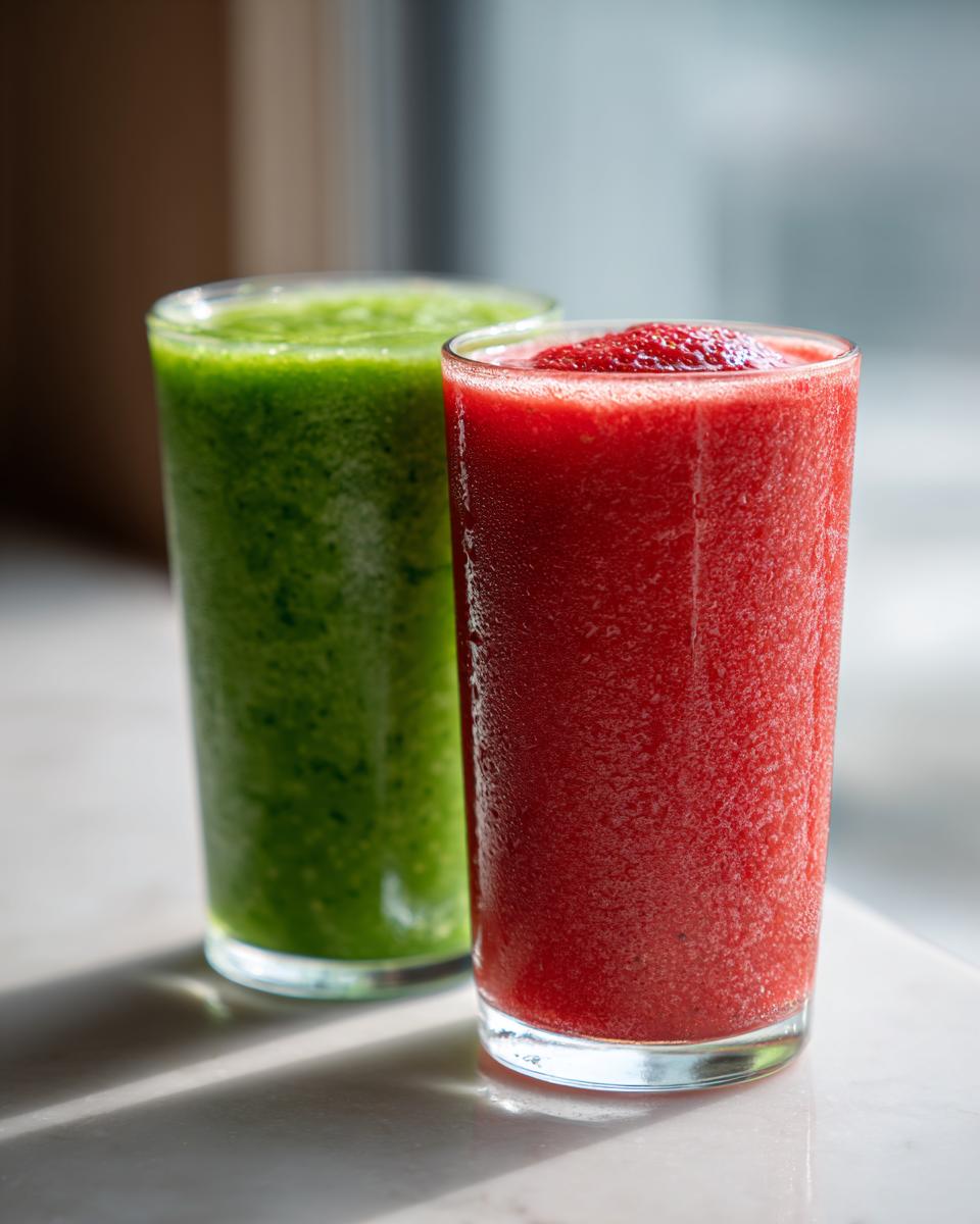 Dos batidos detox primavera 2025, uno rojo y otro verde, servidos en vasos transparentes.