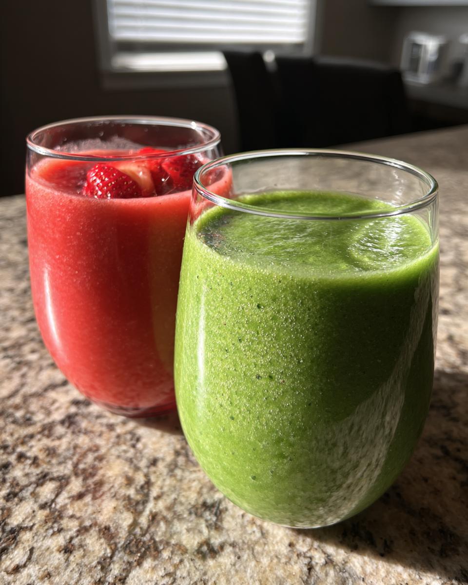 Dos batidos detox primavera 2025, uno verde y otro rojo con fresas, servidos en vasos transparentes.