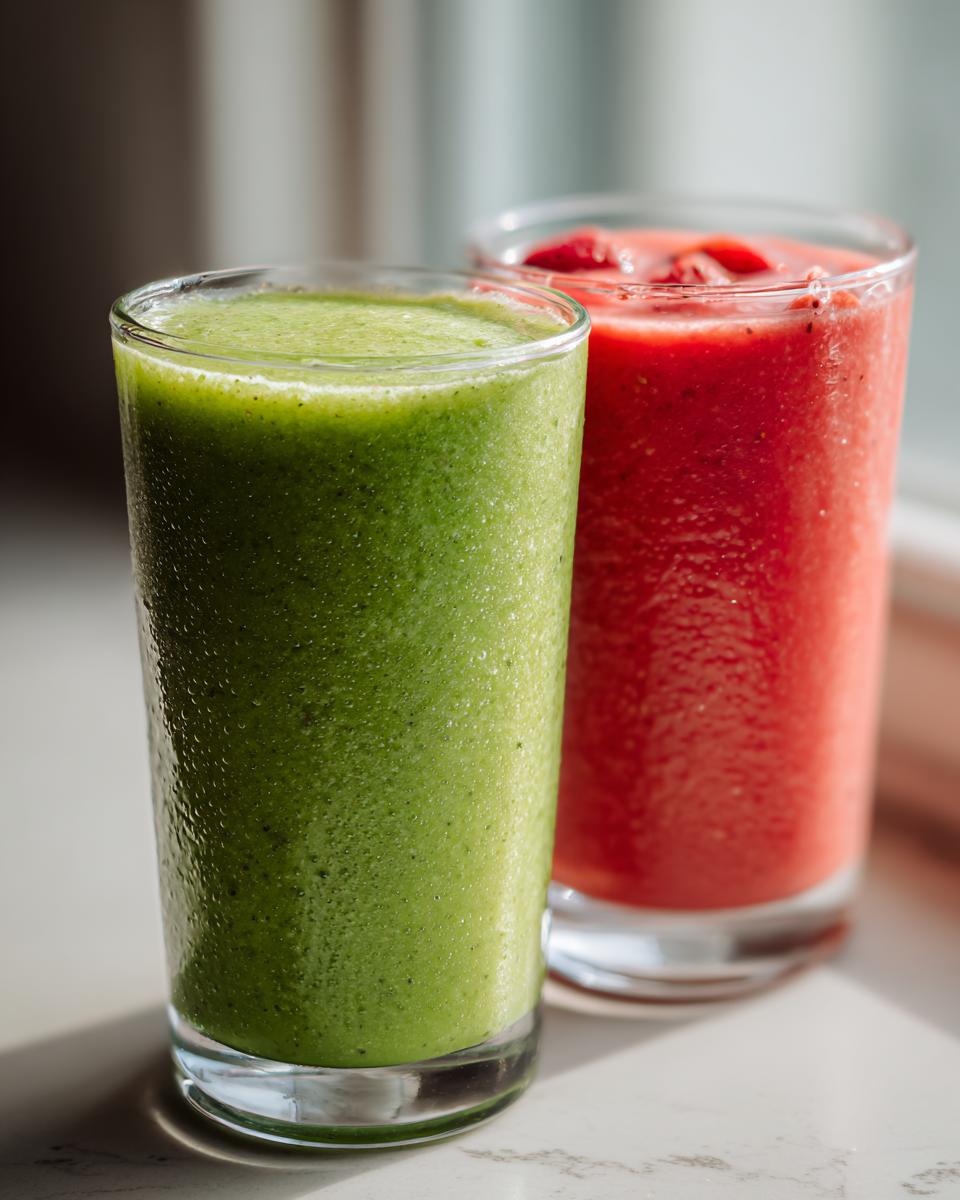 Dos batidos detox primavera 2025, uno verde y otro rojo, en vasos con gotas de condensación.