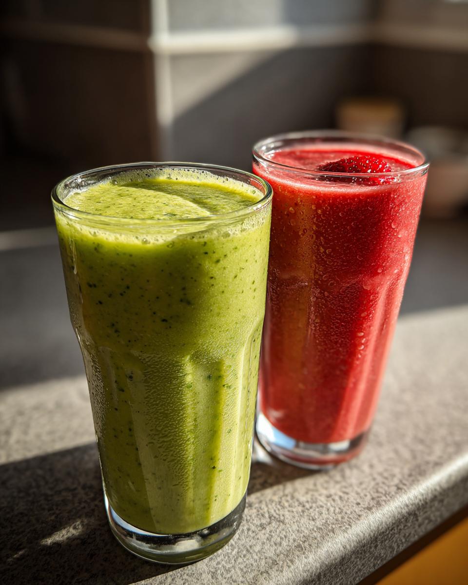 Dos batidos detox primavera 2025, uno verde y otro rojo, servidos en vasos transparentes con condensación
