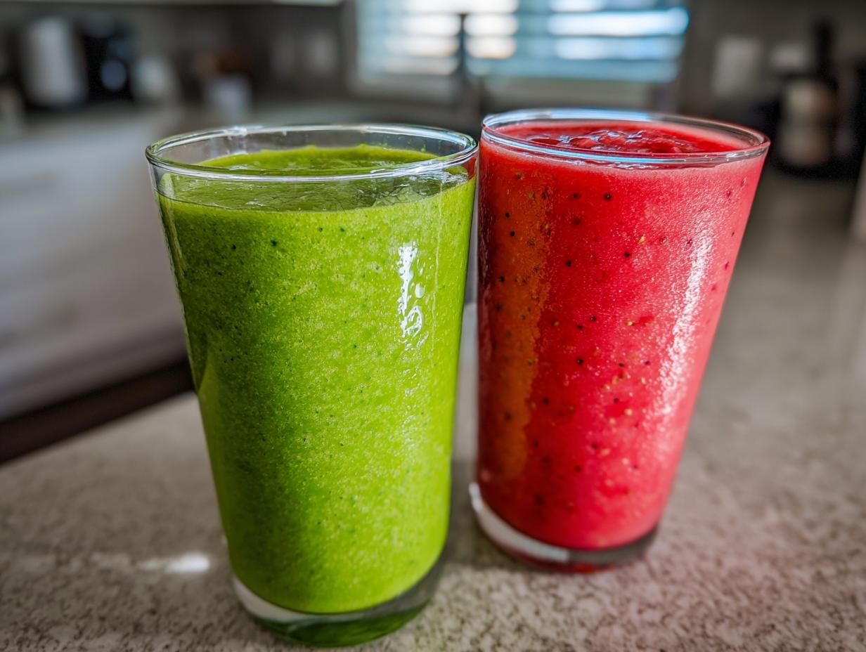 Dos vasos con batidos detox primavera 2025, uno verde y otro rojo, sobre una mesa.