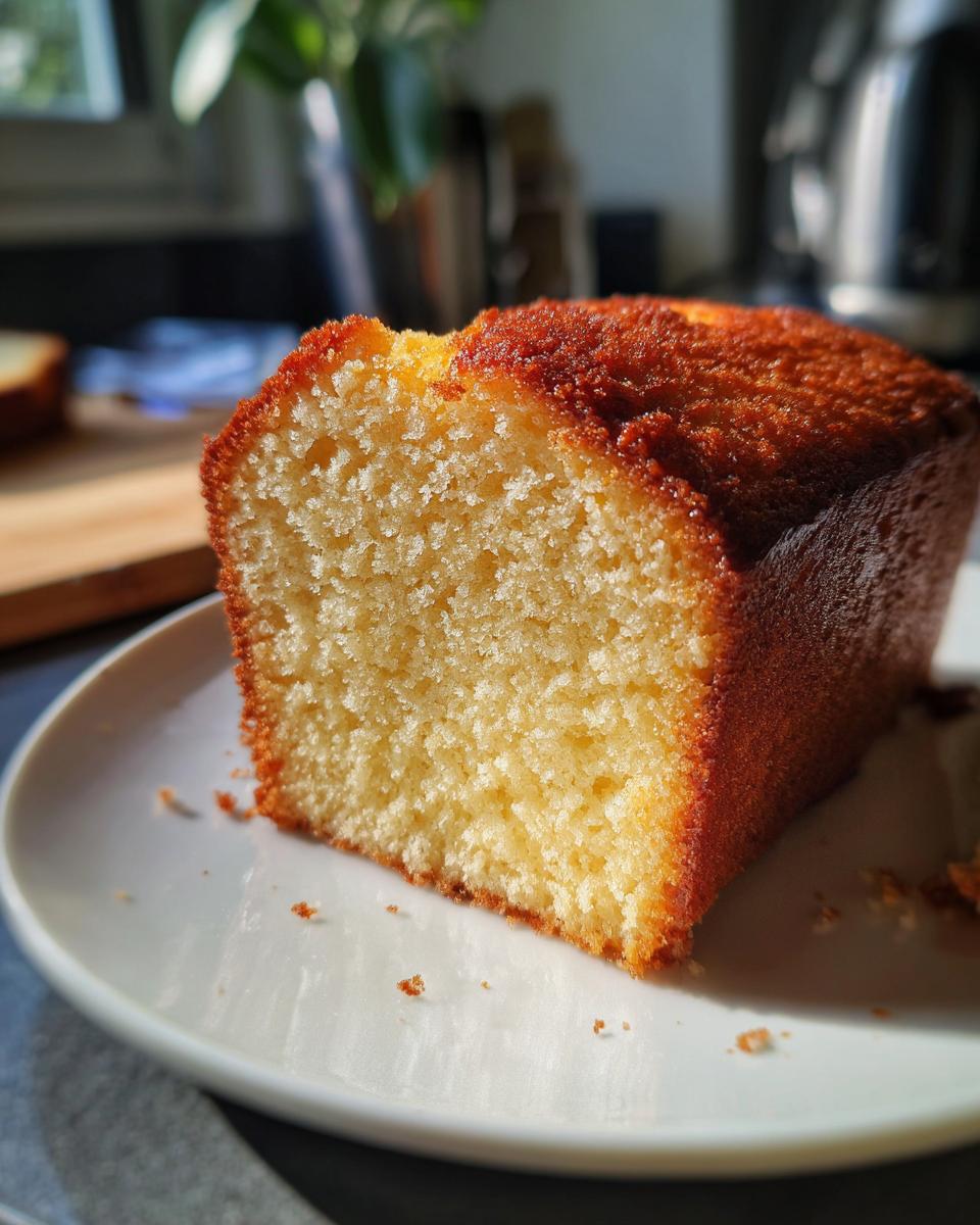 Primer plano de un bizcocho esponjoso casero con textura aireada en un plato blanco.