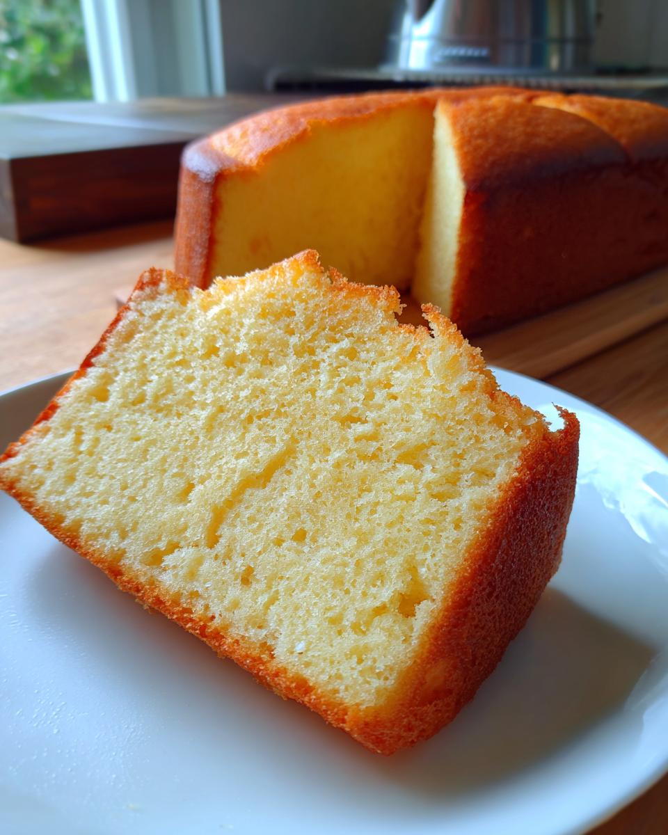 Rebanada de bizcocho esponjoso con textura suave y dorada en un plato blanco