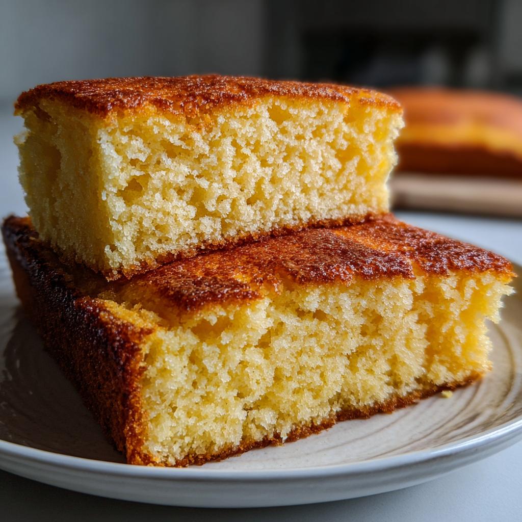 Dos rebanadas de bizcochos caseros esponjosos con textura suave y dorada en un plato blanco.