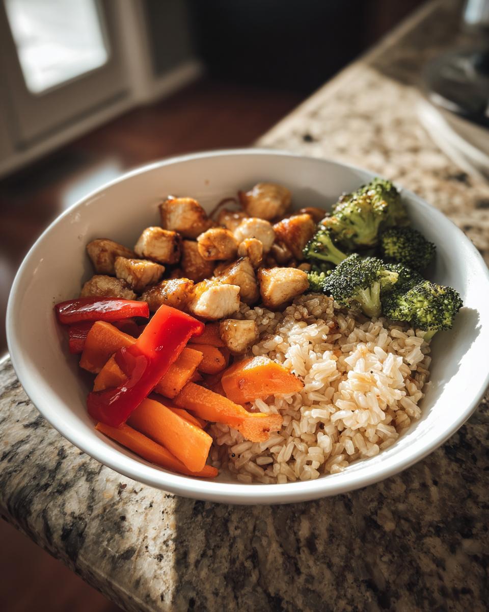 Bowl con arroz integral, trozos de pollo, brócoli y pimientos para recetas de batch cooking semanal