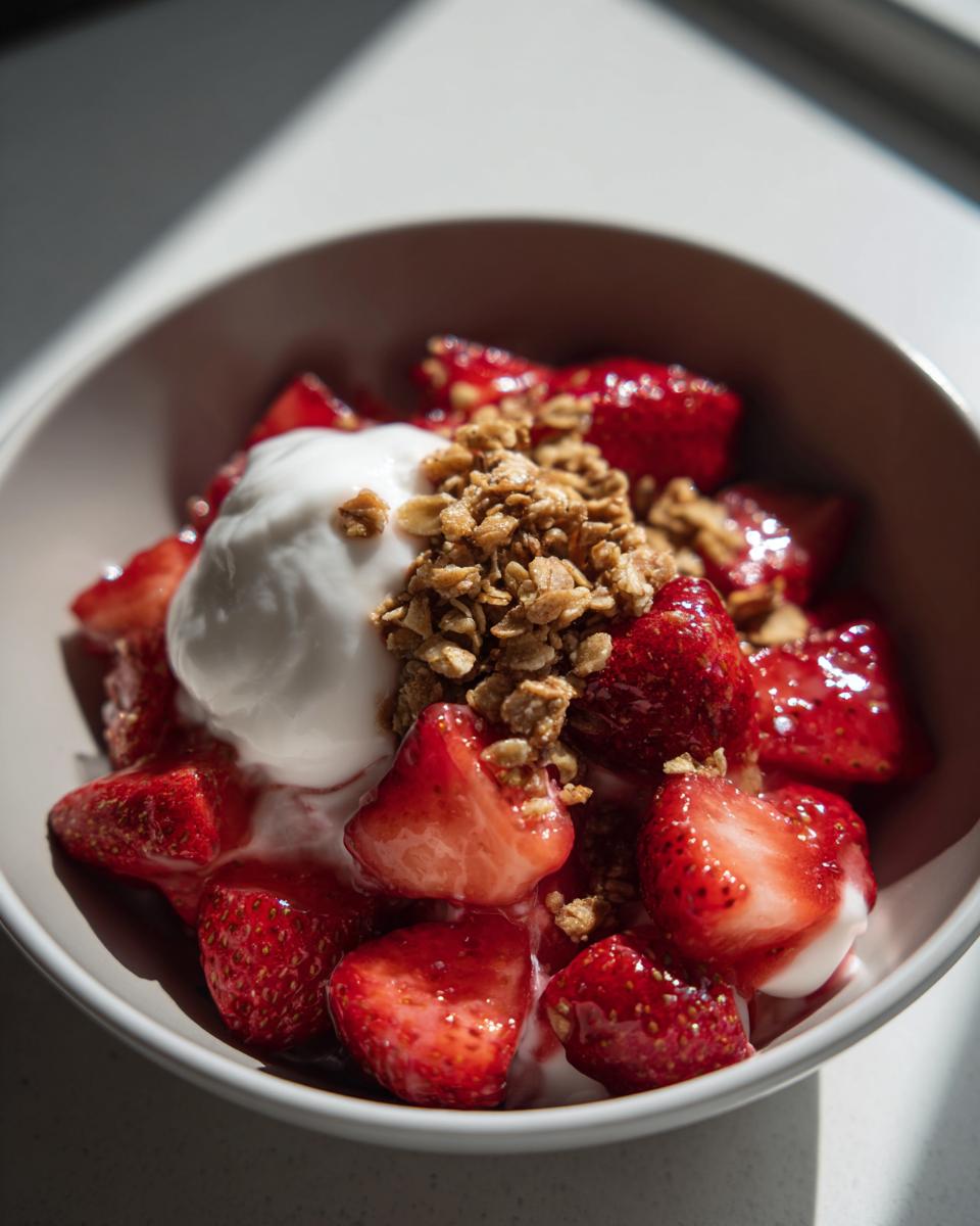Bowl con fresas frescas, yogur y granola, ideal para recetas con fresas de temporada