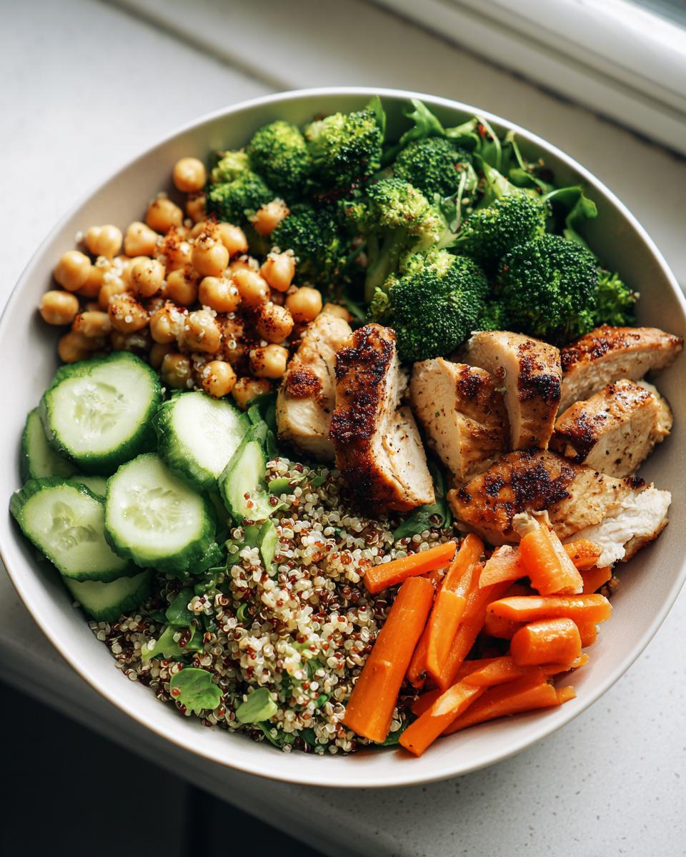 Bowl con pollo a la parrilla, quinoa, garbanzos, brócoli, zanahorias y pepino fresco