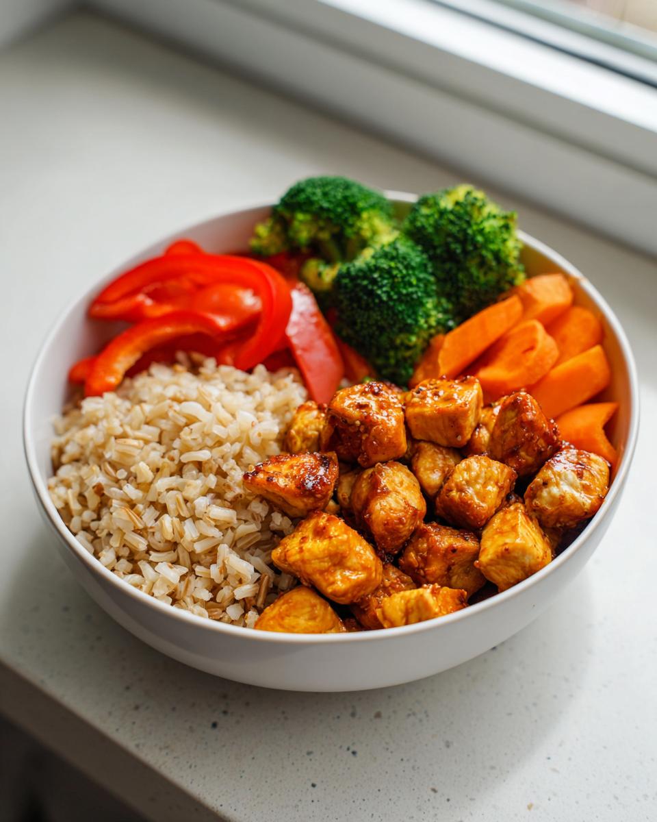 Bowl con arroz integral, pollo glaseado, brócoli, zanahorias y pimientos rojos para recetas de batch cooking semanal
