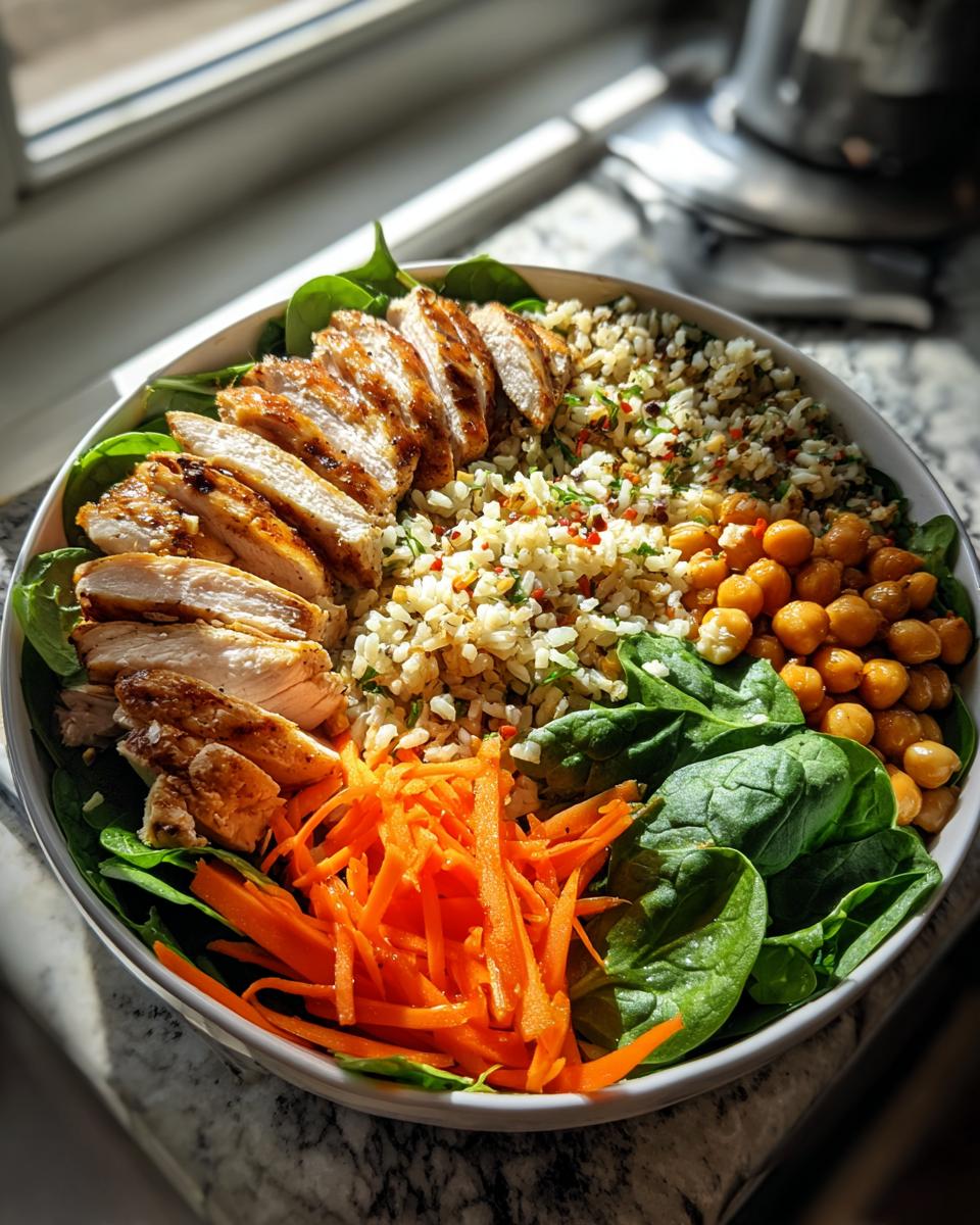 Bowl saludable con pollo a la plancha, arroz, garbanzos, zanahoria rallada y espinacas frescas