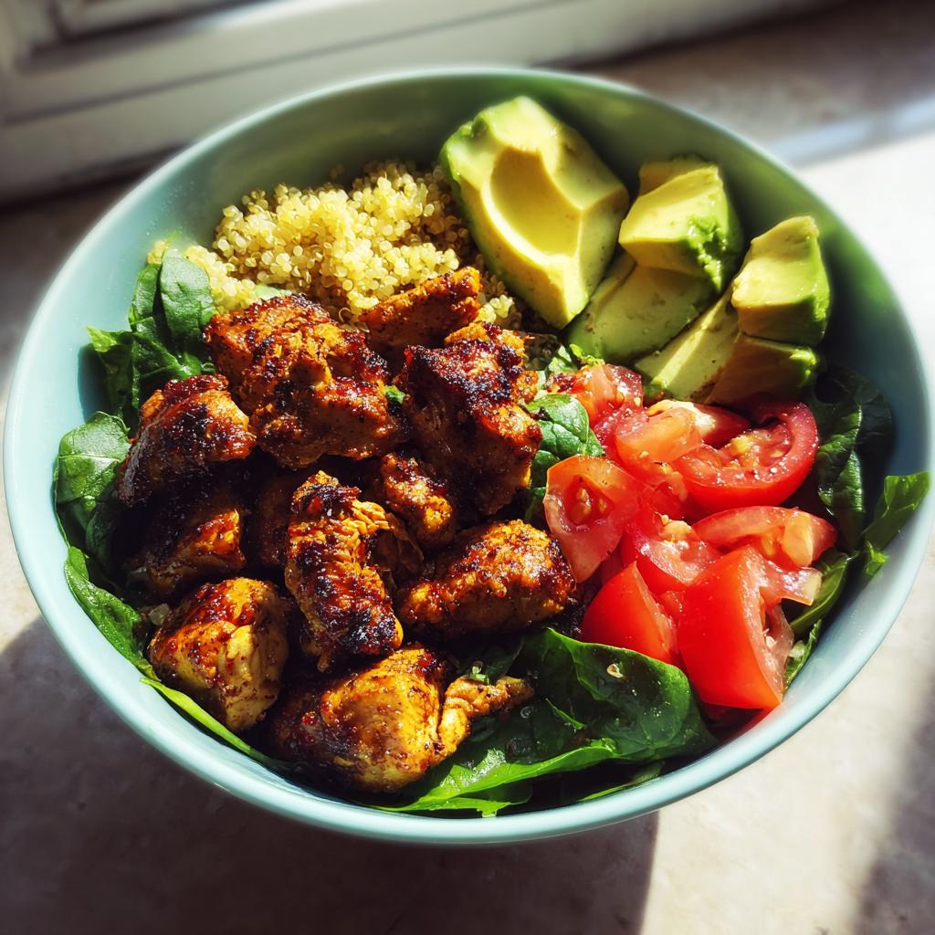 Bowl saludable de pollo y quinoa con espinacas, aguacate y tomate fresco.