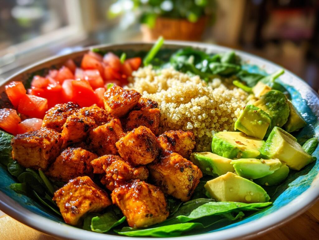 Bowl saludable de pollo y quinoa con trozos de pollo sazonado, quinoa, aguacate, tomate y espinacas frescas.