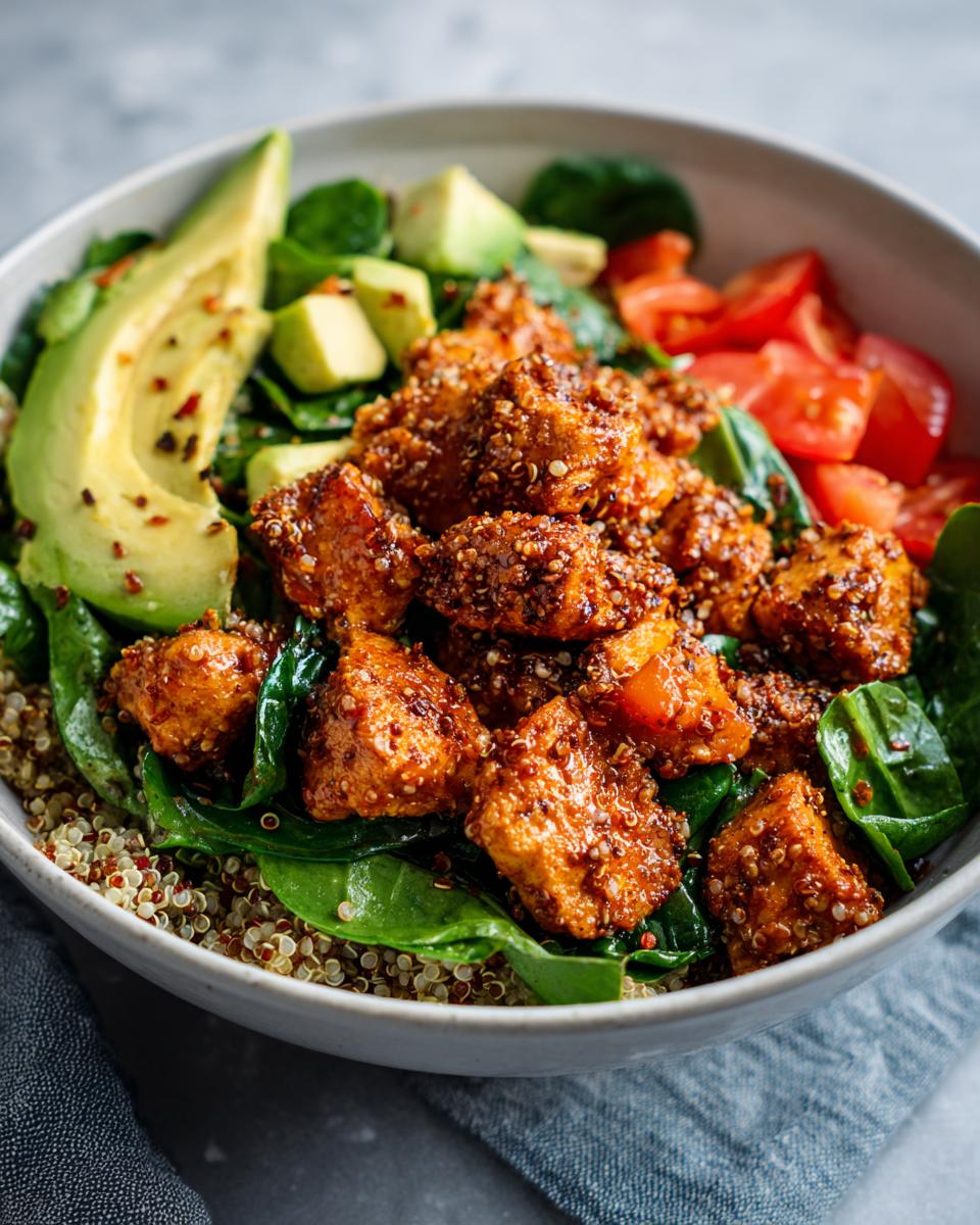 Bowl saludable de pollo y quinoa con aguacate, espinacas y tomate fresco.