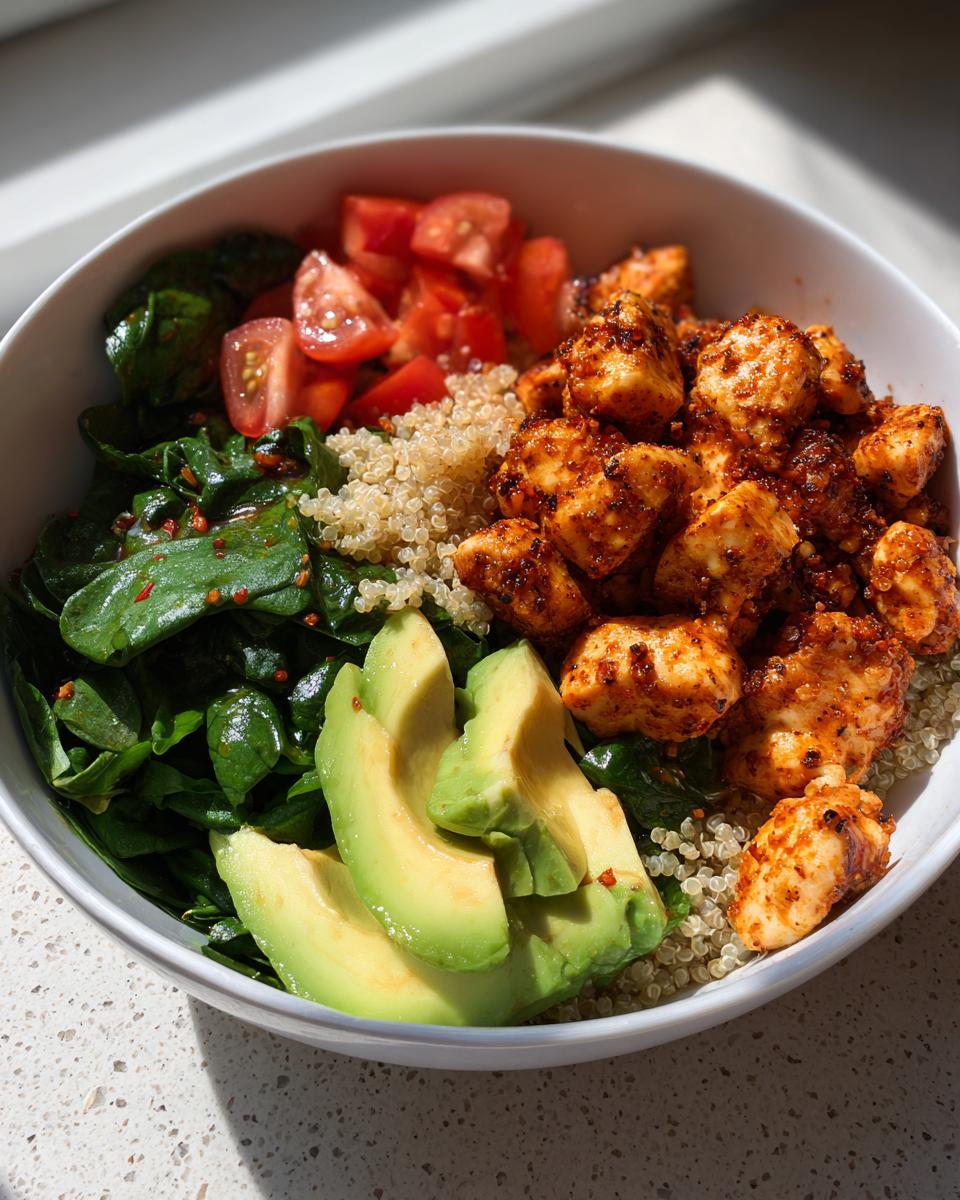 Bowl saludable de pollo y quinoa con espinacas, tomate, aguacate y pollo especiado.