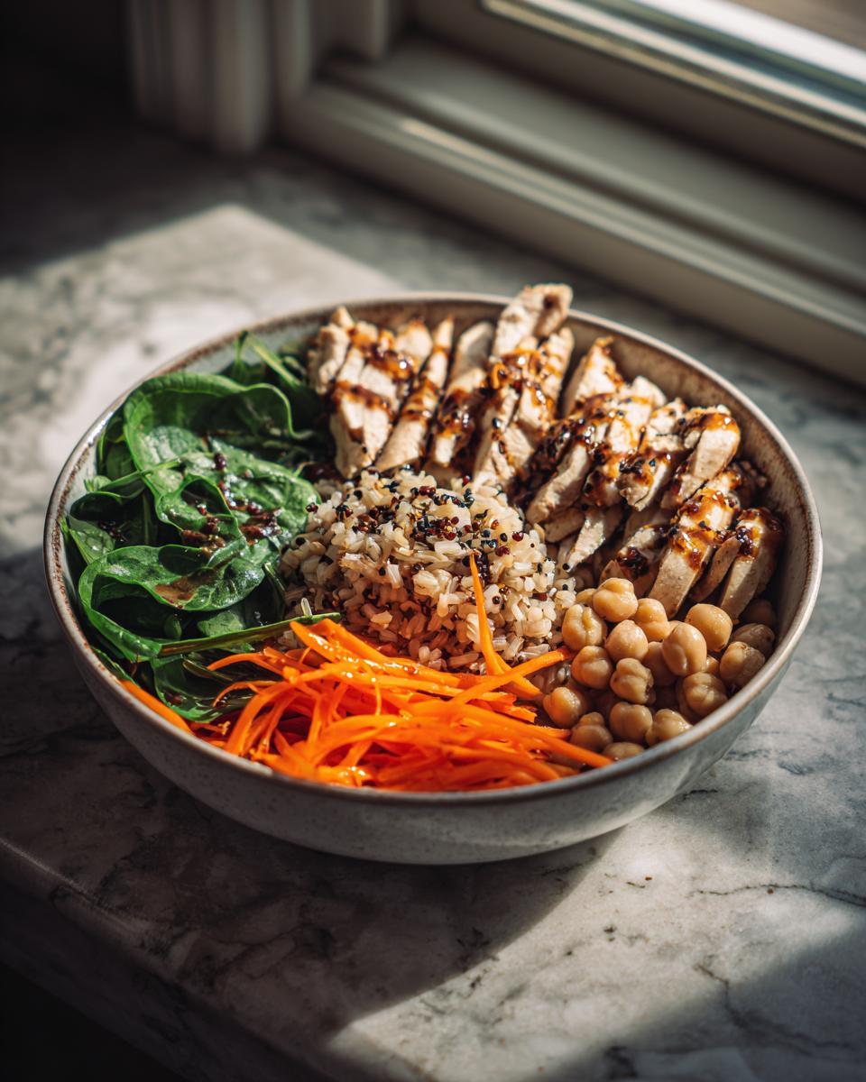 Bowl saludable con pollo a la parrilla, quinoa, espinacas, garbanzos y zanahorias ralladas