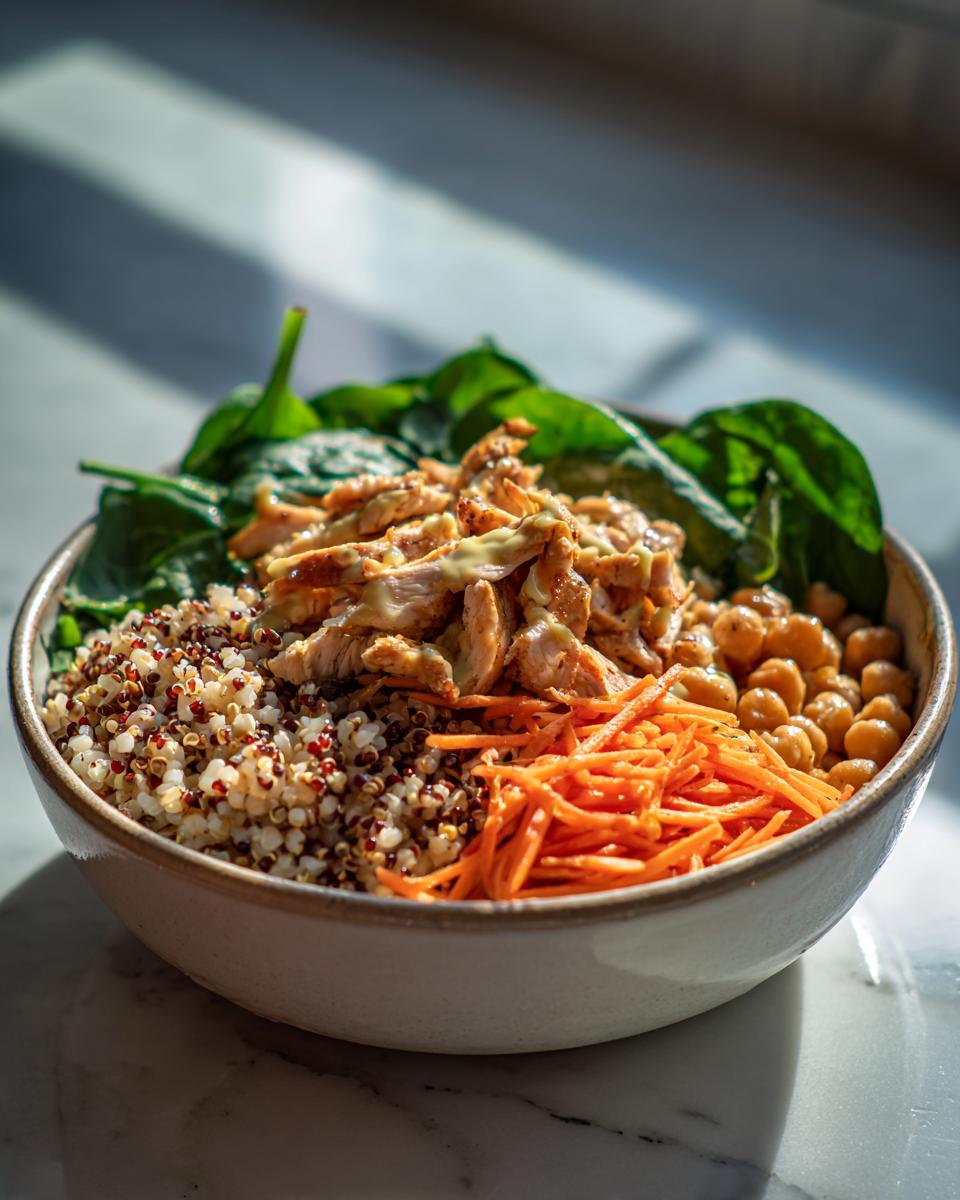 Bowl saludable con pollo, quinoa, zanahoria rallada, garbanzos y espinacas frescas