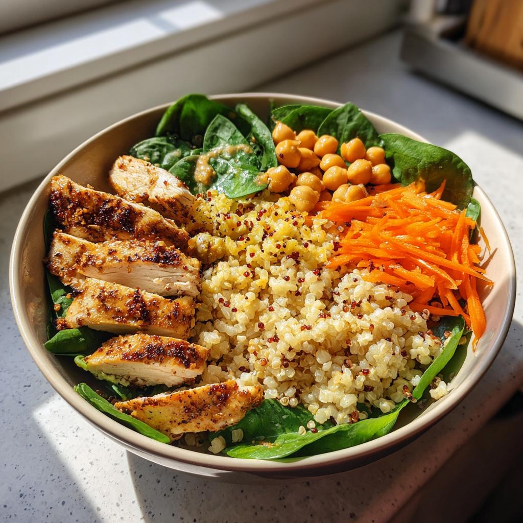 Bowl saludable con pollo a la parrilla, quinoa, espinacas, garbanzos y zanahoria rallada