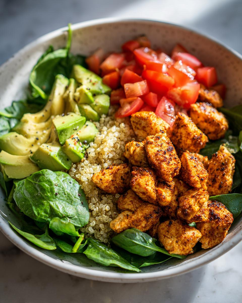 Bowl saludable de pollo y quinoa con espinacas, aguacate y tomate picado.