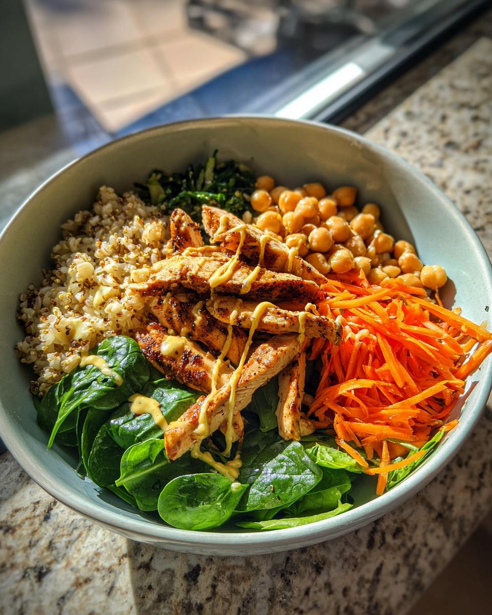 Bowl saludable con pollo a la parrilla, espinacas, garbanzos, zanahoria rallada y quinoa.