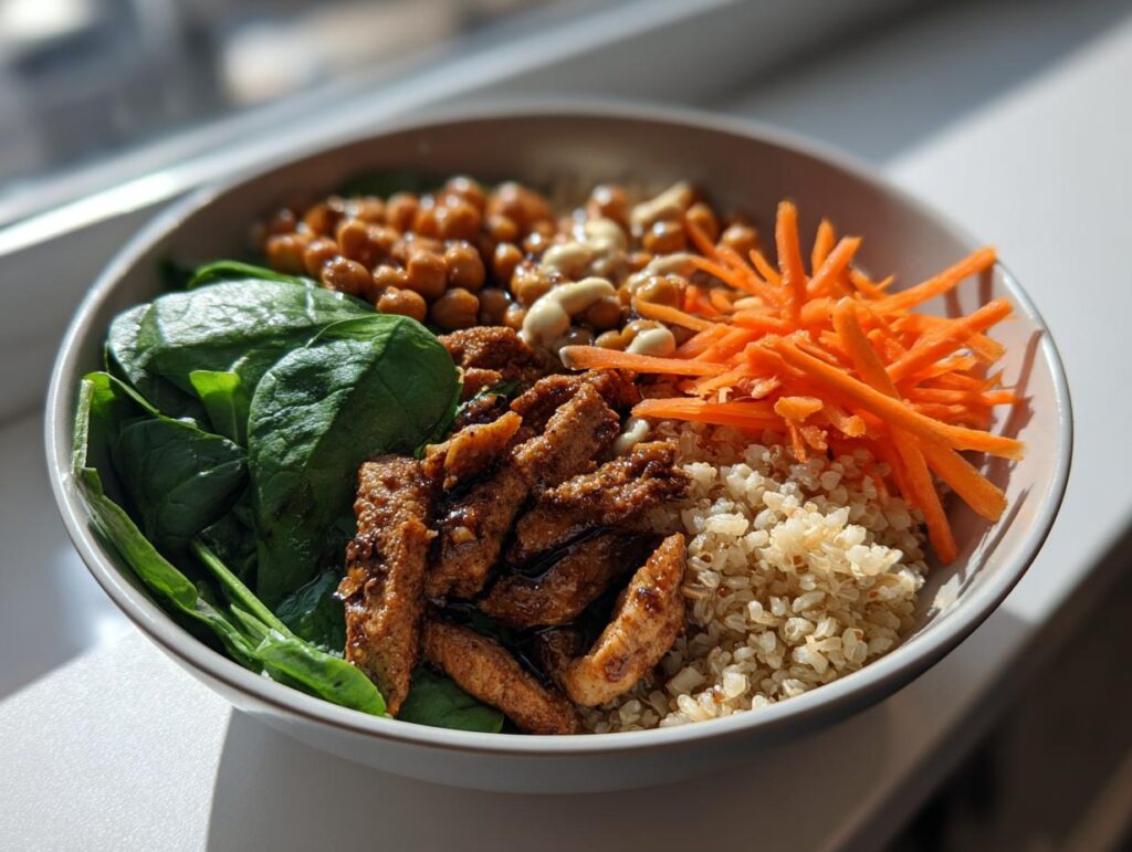 Bowl saludable con quinoa, garbanzos, espinacas, zanahoria rallada y proteína en tiras