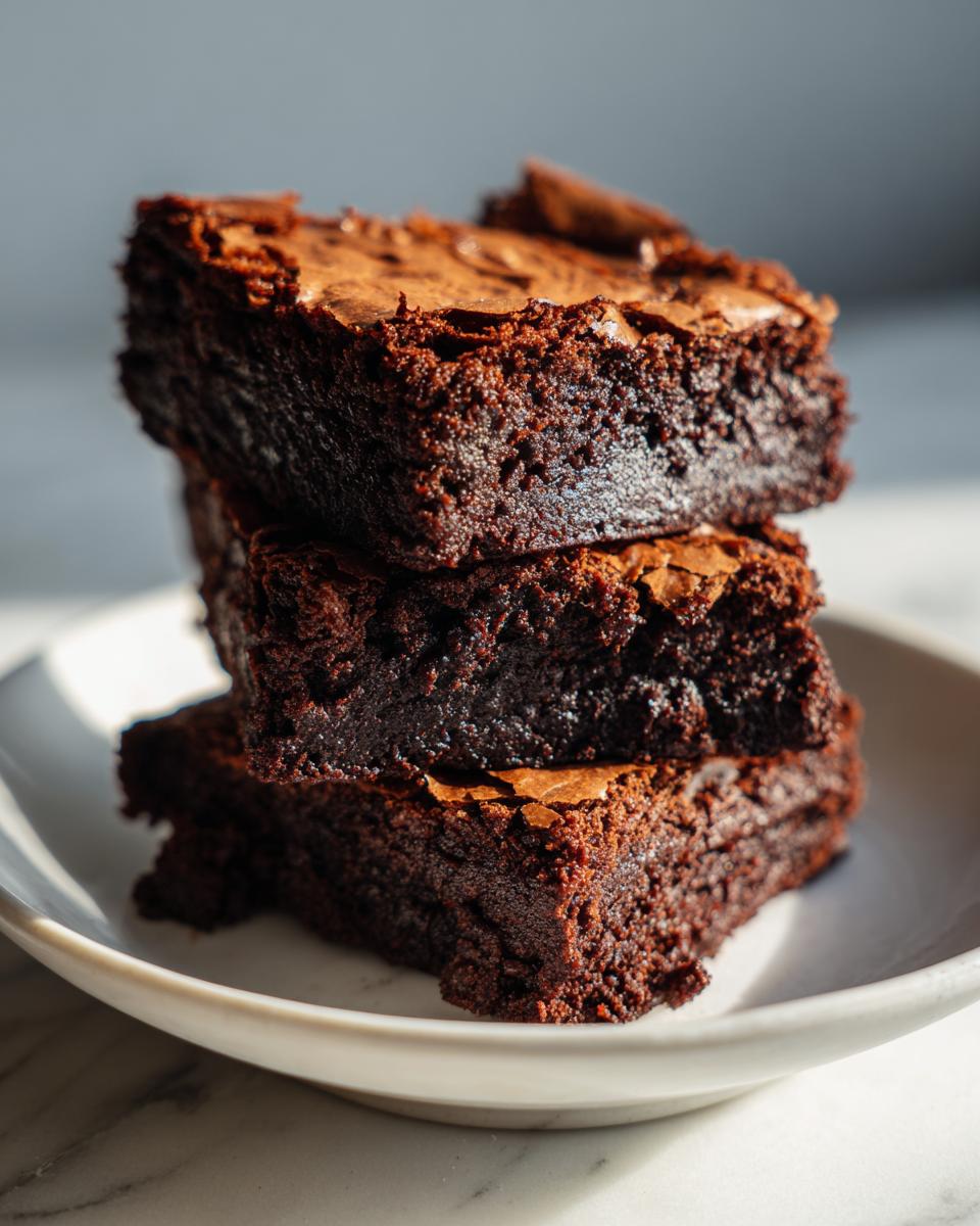 Tres brownies de chocolate fáciles apilados en un plato blanco sobre una superficie clara.