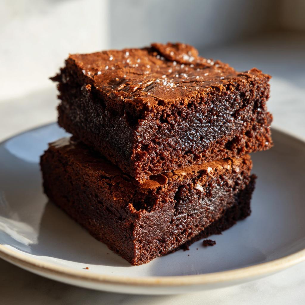 Dos brownies de chocolate fáciles apilados en un plato blanco con textura húmeda y crujiente.