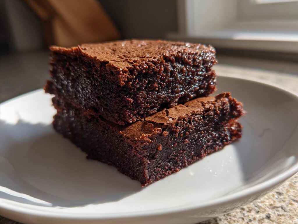 Dos brownies de chocolate fáciles apilados en un plato blanco con textura húmeda y esponjosa.