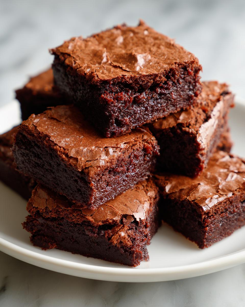 Brownies de chocolate fáciles en porciones cuadradas apiladas en un plato blanco.