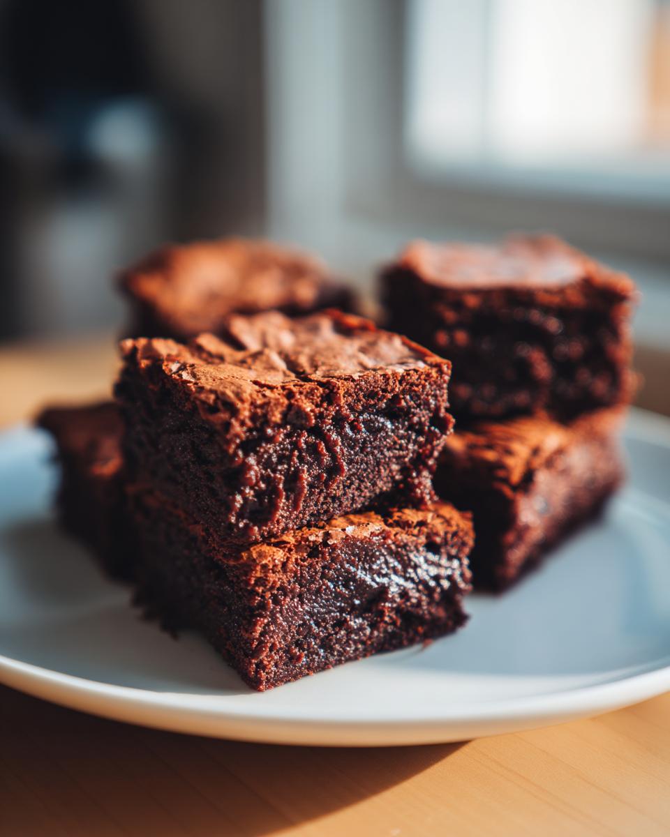 Porciones cuadradas de brownies de chocolate fáciles con textura húmeda en un plato blanco.