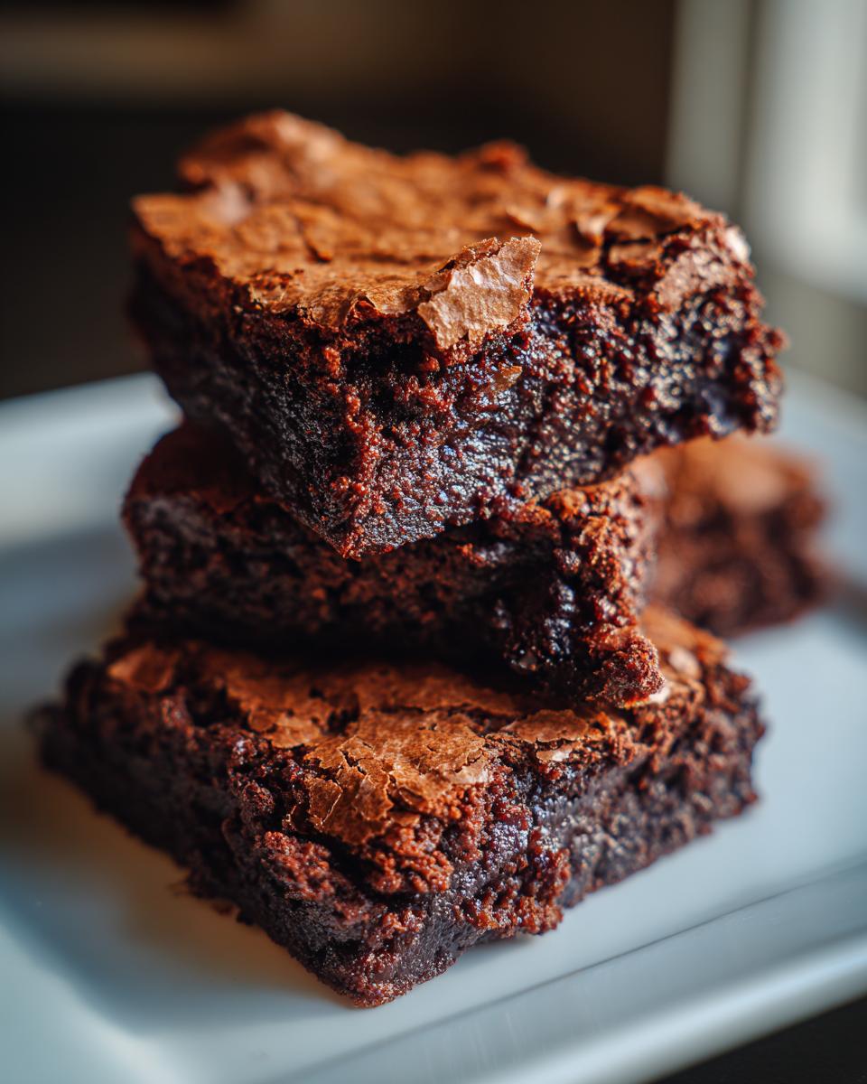 Tres brownies de chocolate fáciles apilados en un plato blanco con textura crujiente y húmeda