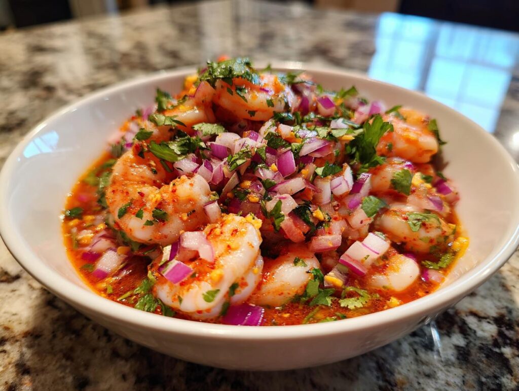 Plato blanco con camarones en salsa roja con cebolla morada y cilantro, receta de mariscos fáciles