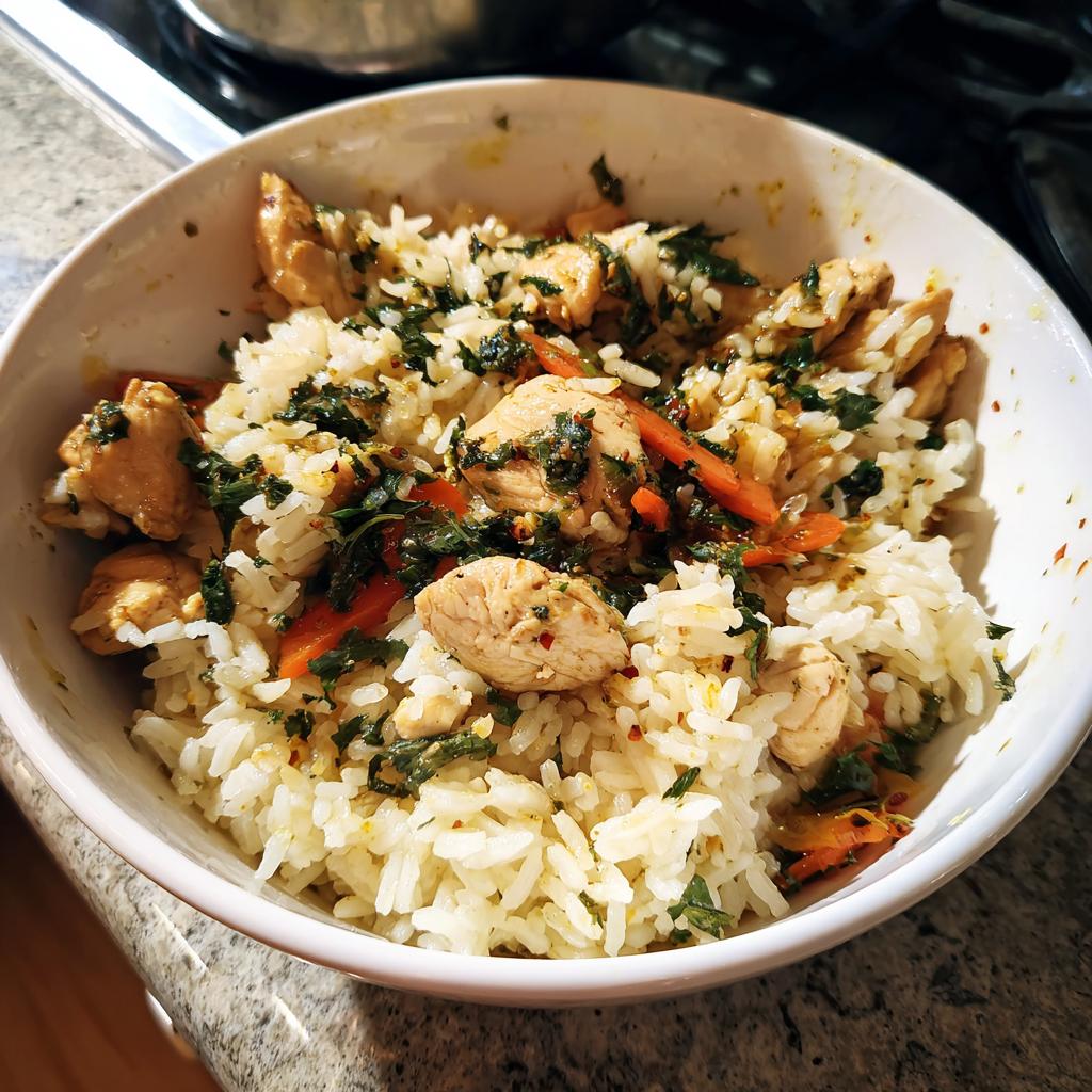 Tazón con cenas con arroz rápidas, pollo, zanahorias y hierbas frescas