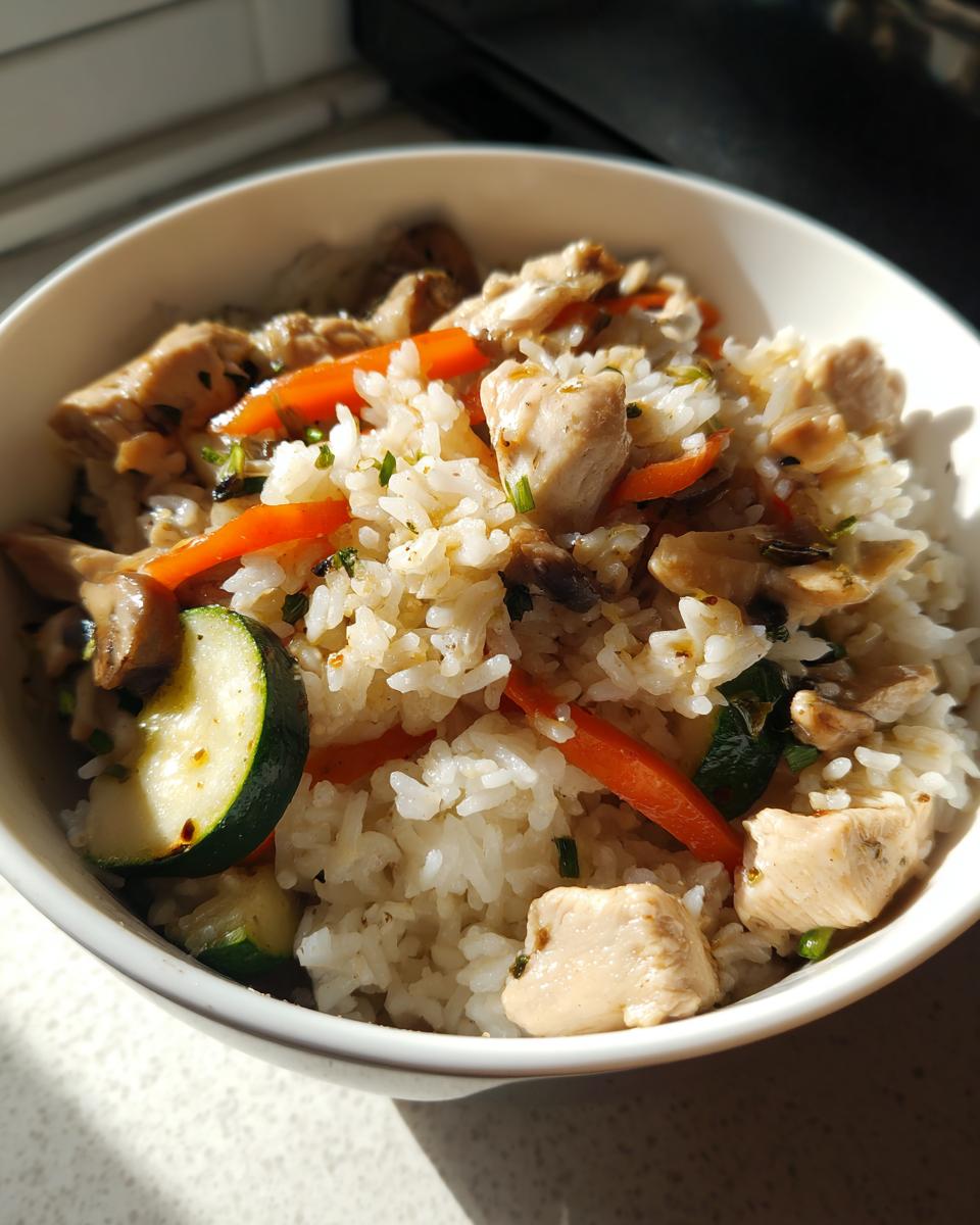 Plato de cenas con arroz rápidas con arroz blanco, pollo, zanahorias y calabacín en un bol blanco.