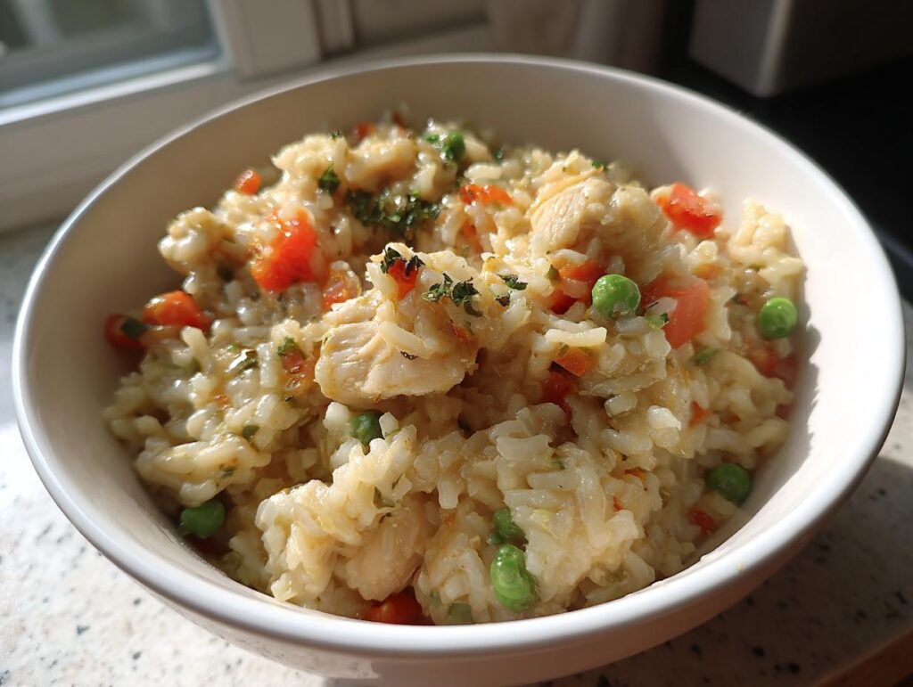 Plato de cenas con arroz rápidas con pollo, guisantes y zanahorias en un bol blanco