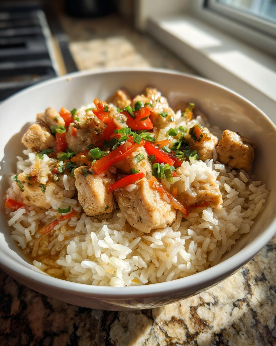 Plato de cenas con arroz rápidas con arroz blanco, pollo y pimientos rojos en un bol blanco.