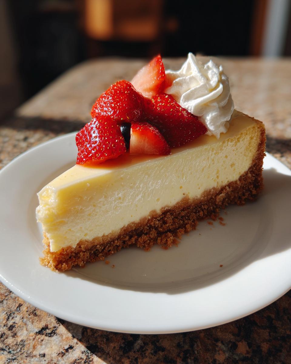 Porción de cheesecake con fresas frescas y crema batida sobre plato blanco.