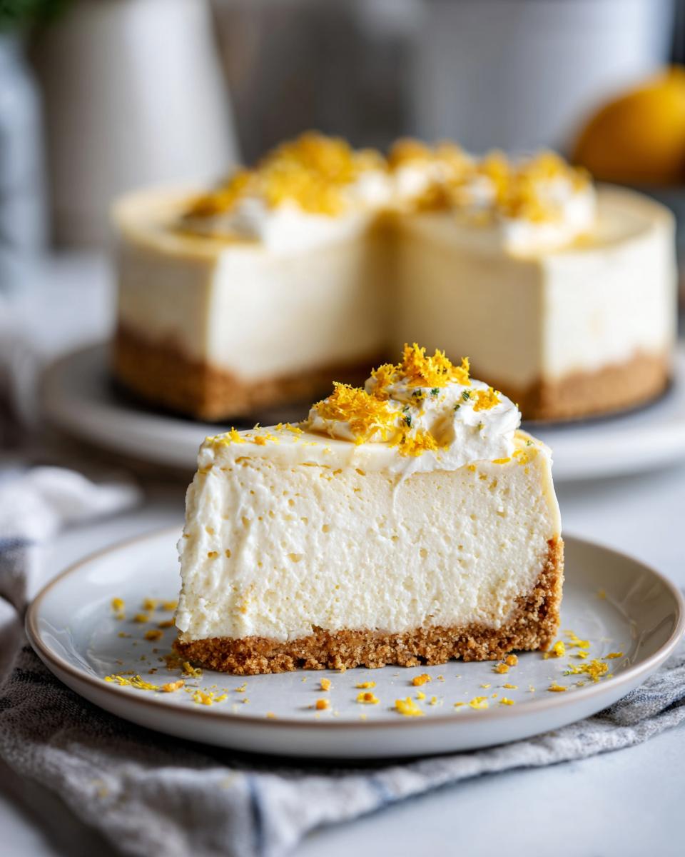 Porción de cheesecake frío de limón con crema y ralladura de limón sobre plato blanco.