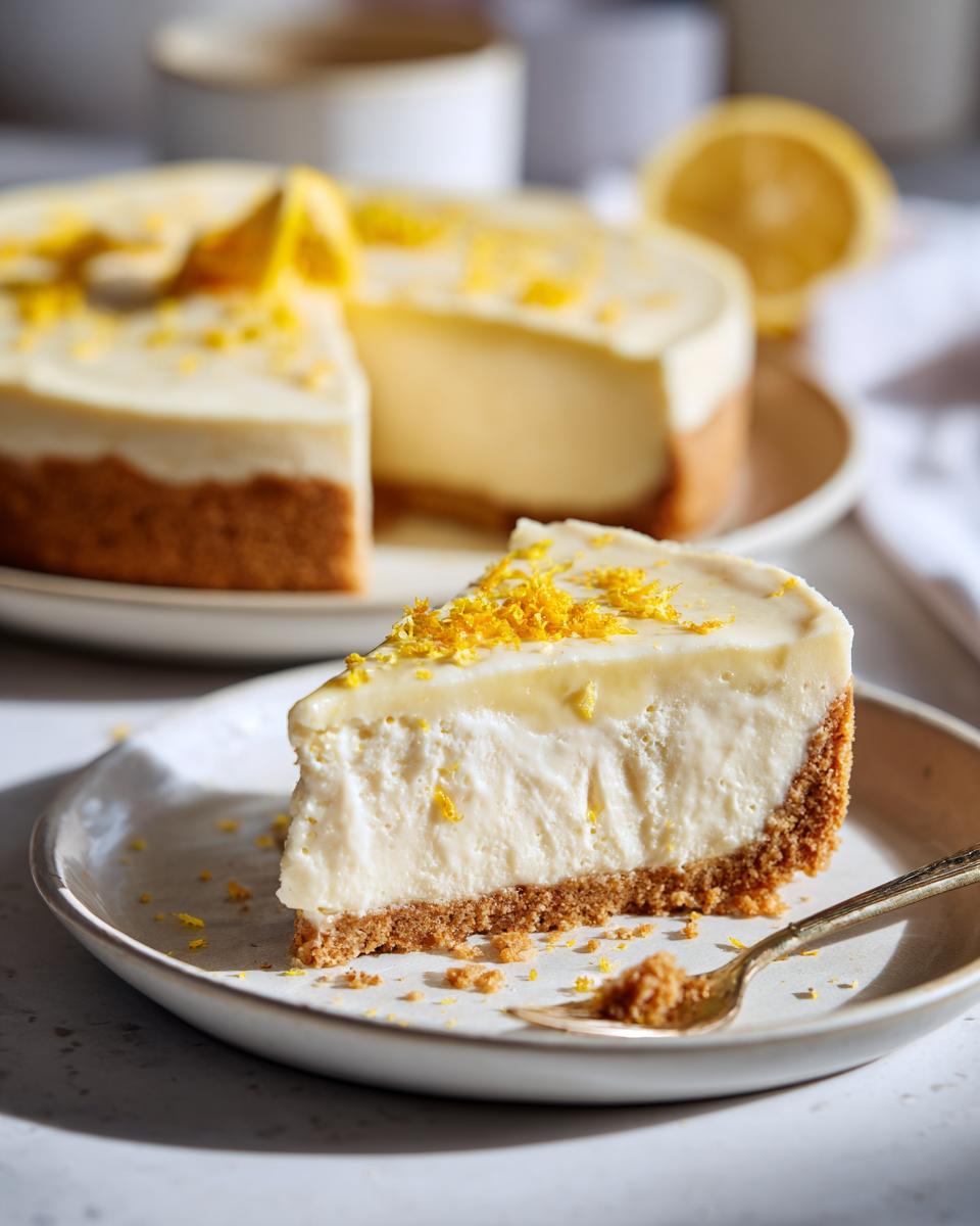 Rebanada de cheesecake frío de limón con base de galleta y ralladura de limón encima en un plato blanco