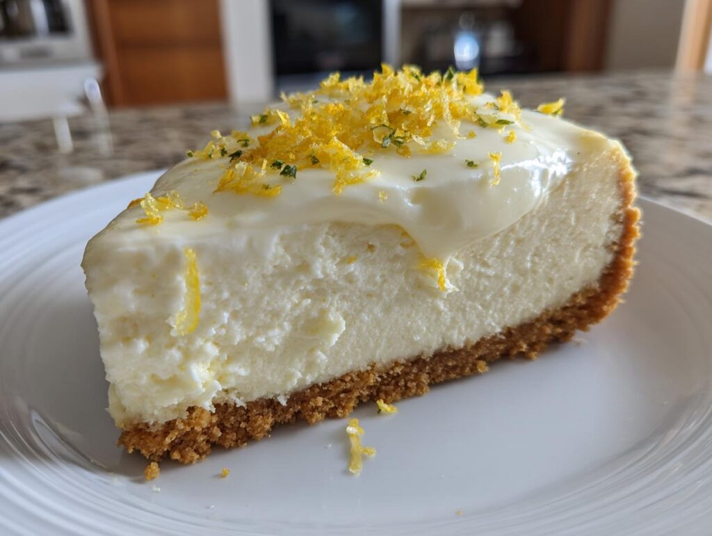 Rebanada de cheesecake frío de limón con base de galleta y crema decorada con ralladura de limón