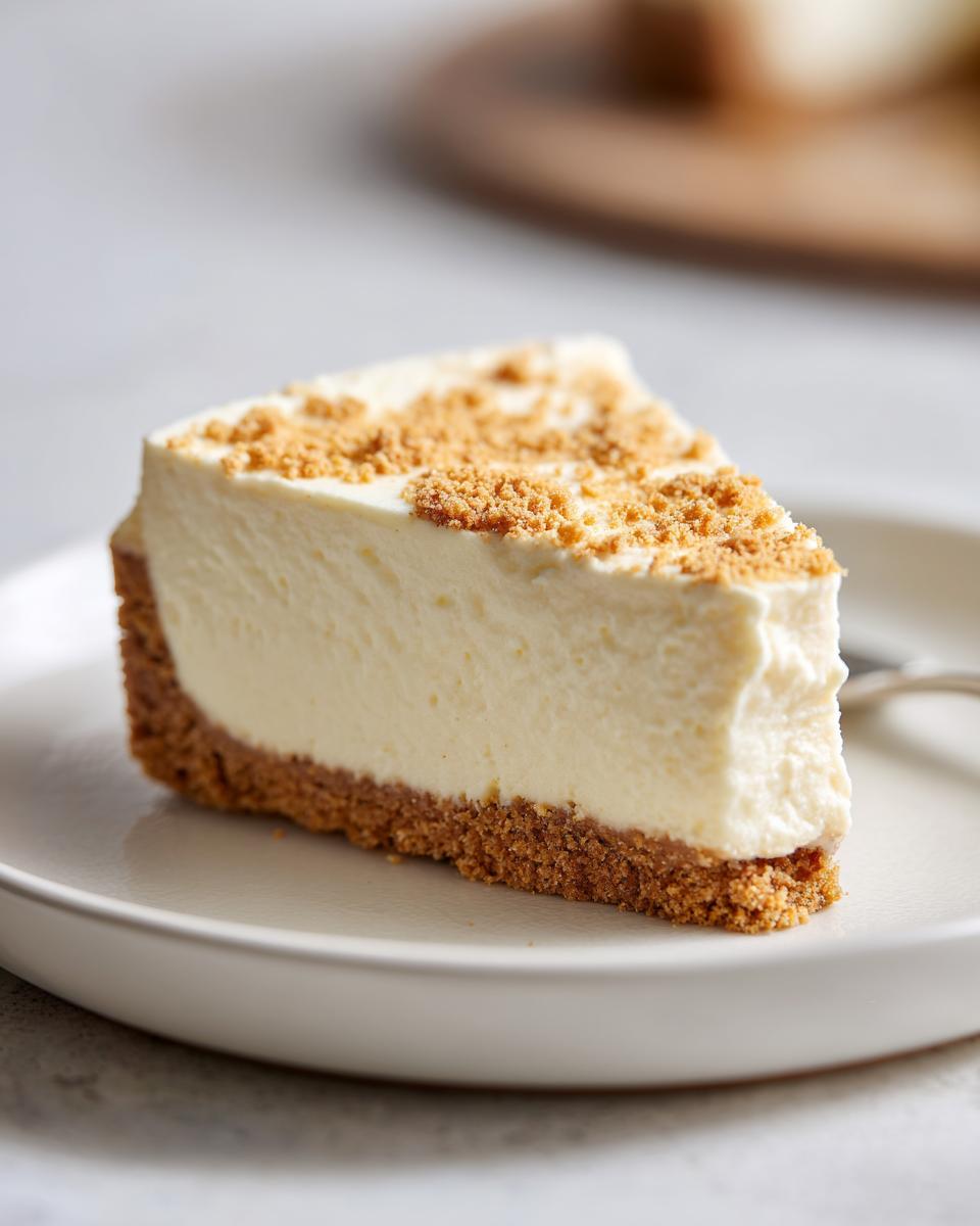 Porción de cheesecake frío con base de galleta en plato blanco, postres sin horno para días calurosos