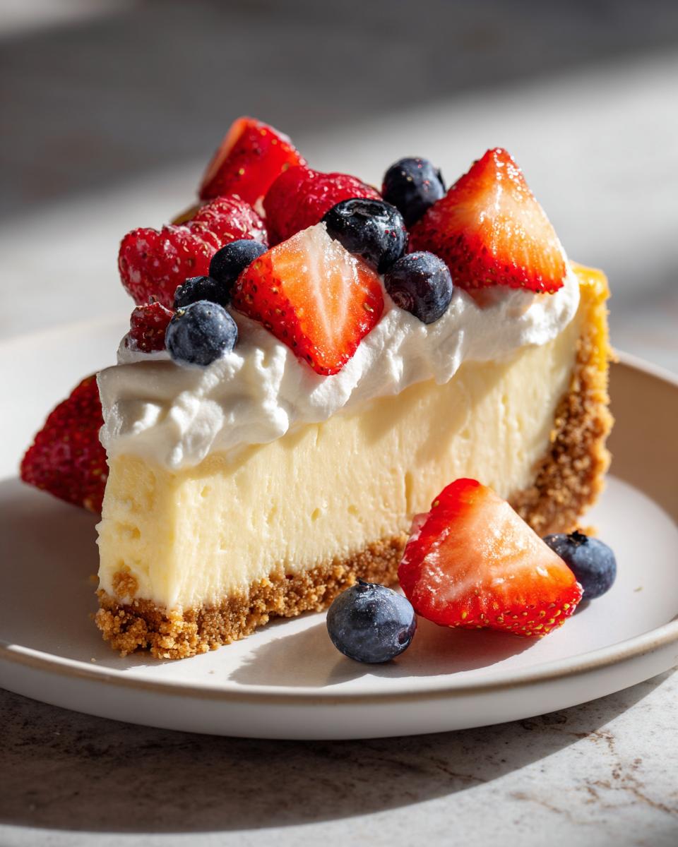 Porción de cheesecake con fresas, arándanos y crema, ideal para postres fríos para Pascua 2025