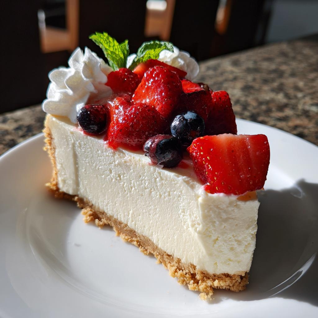 Porción de cheesecake con fresas, arándanos, crema batida y menta en plato blanco