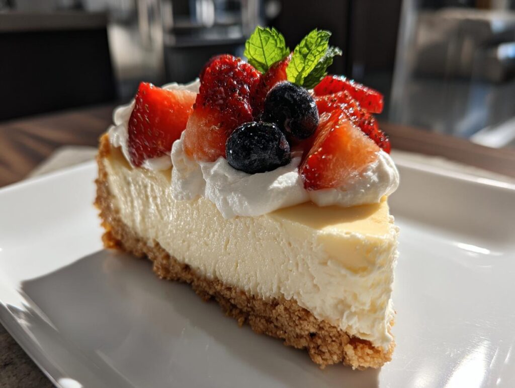 Porción de cheesecake con postres fríos para Pascua 2025 decorada con fresas, arándanos y menta.