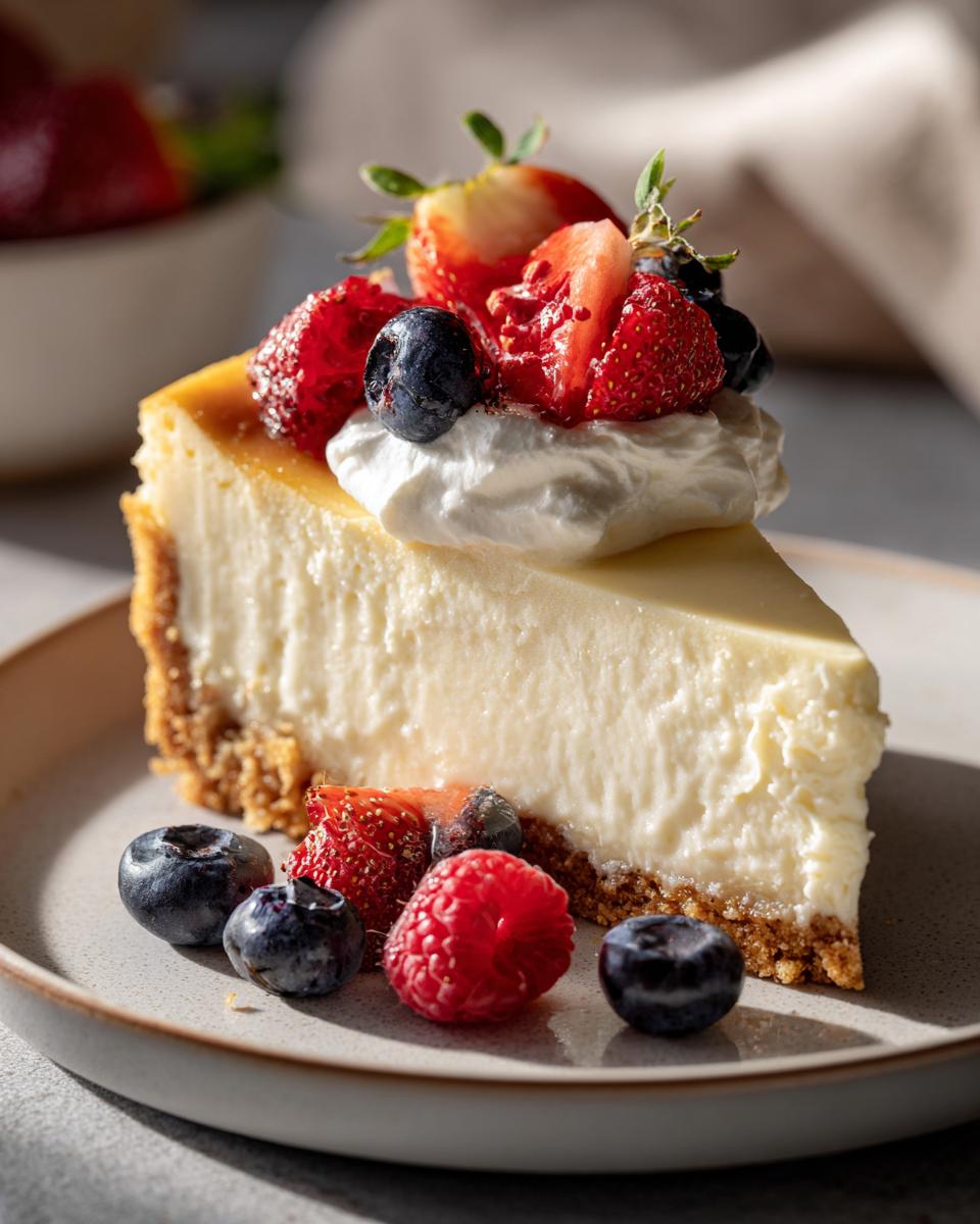 Porción de cheesecake con crema y frutos rojos frescos, postres fríos para Pascua 2025