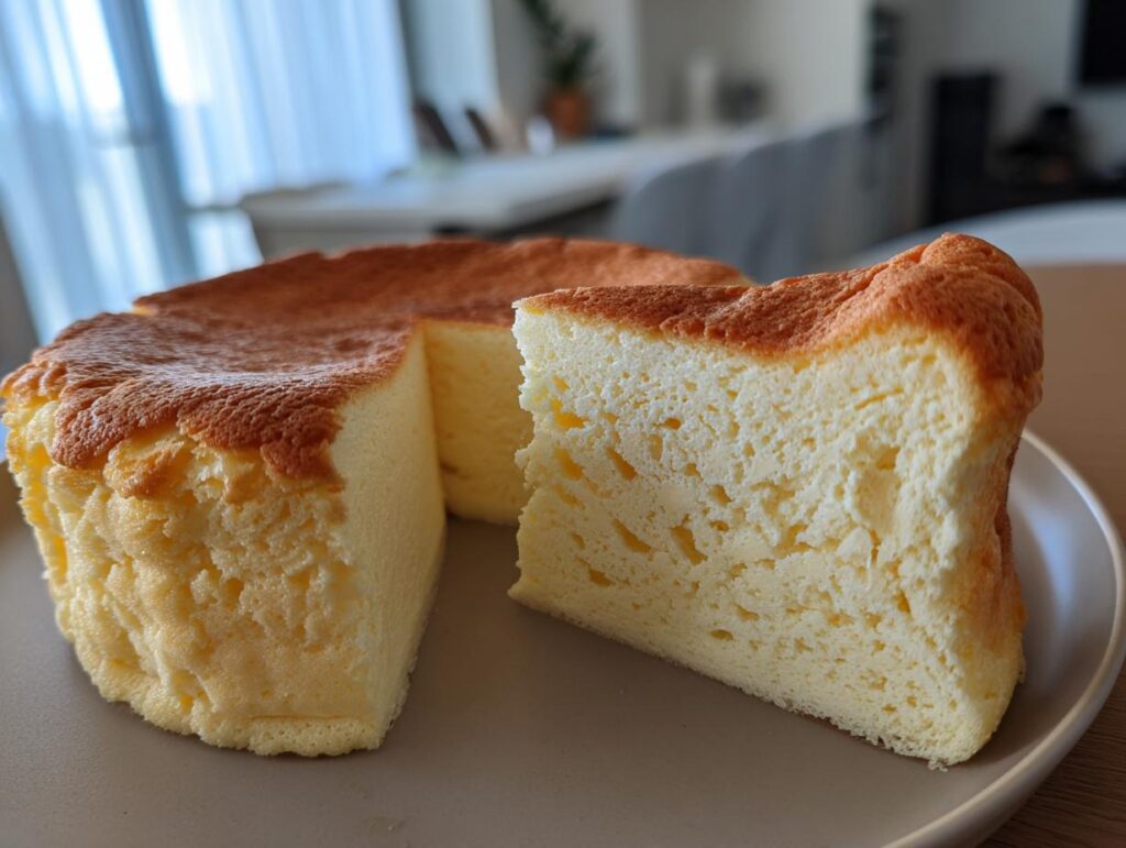 Cheesecake japonés viral esponjoso con una porción cortada sobre plato blanco