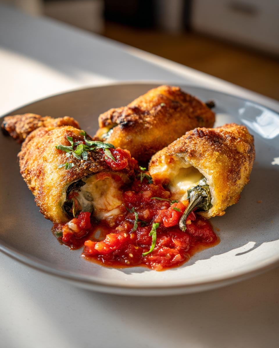 Tres chiles rellenos dorados con salsa roja y cilantro en un plato gris.