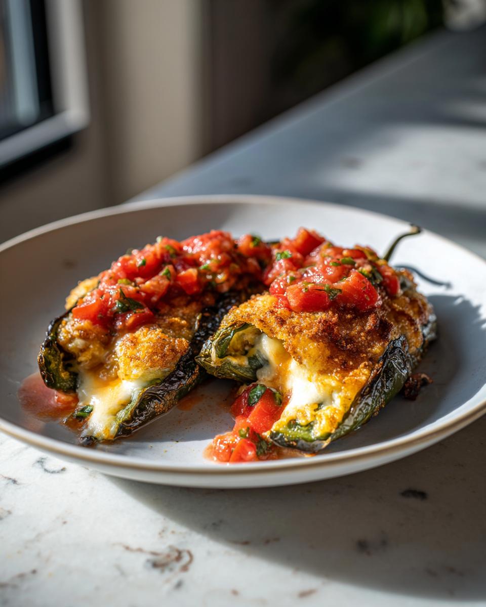 Chiles rellenos con queso derretido y salsa de tomate fresco en un plato blanco.