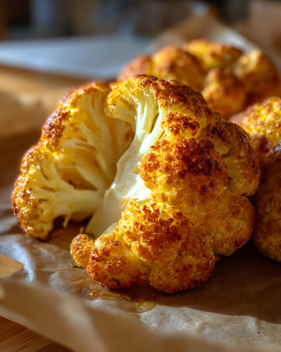 Coliflor al horno dorada con textura crujiente sobre papel de hornear