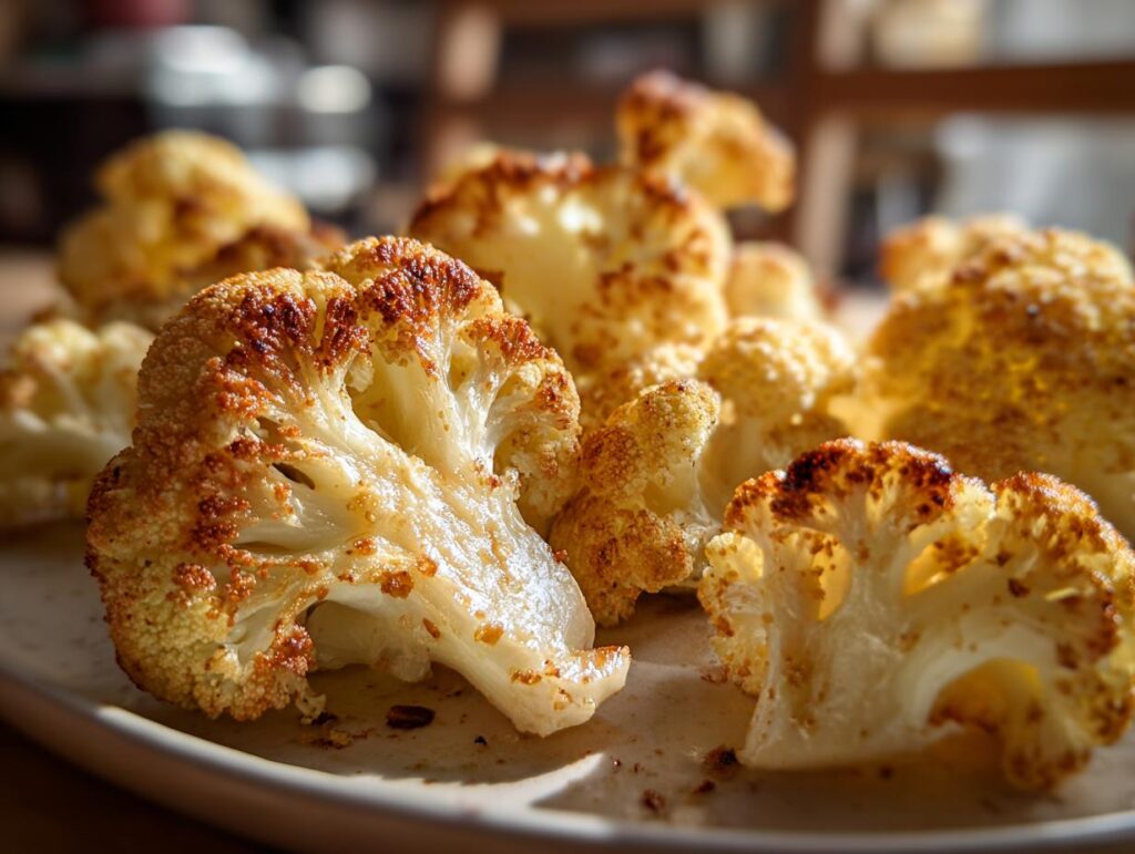 Porciones de coliflor al horno doradas y crujientes en un plato blanco.