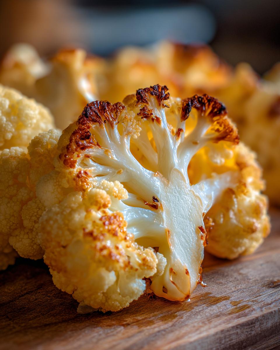 Detalle de coliflor al horno con bordes dorados y textura crujiente sobre tabla de madera.